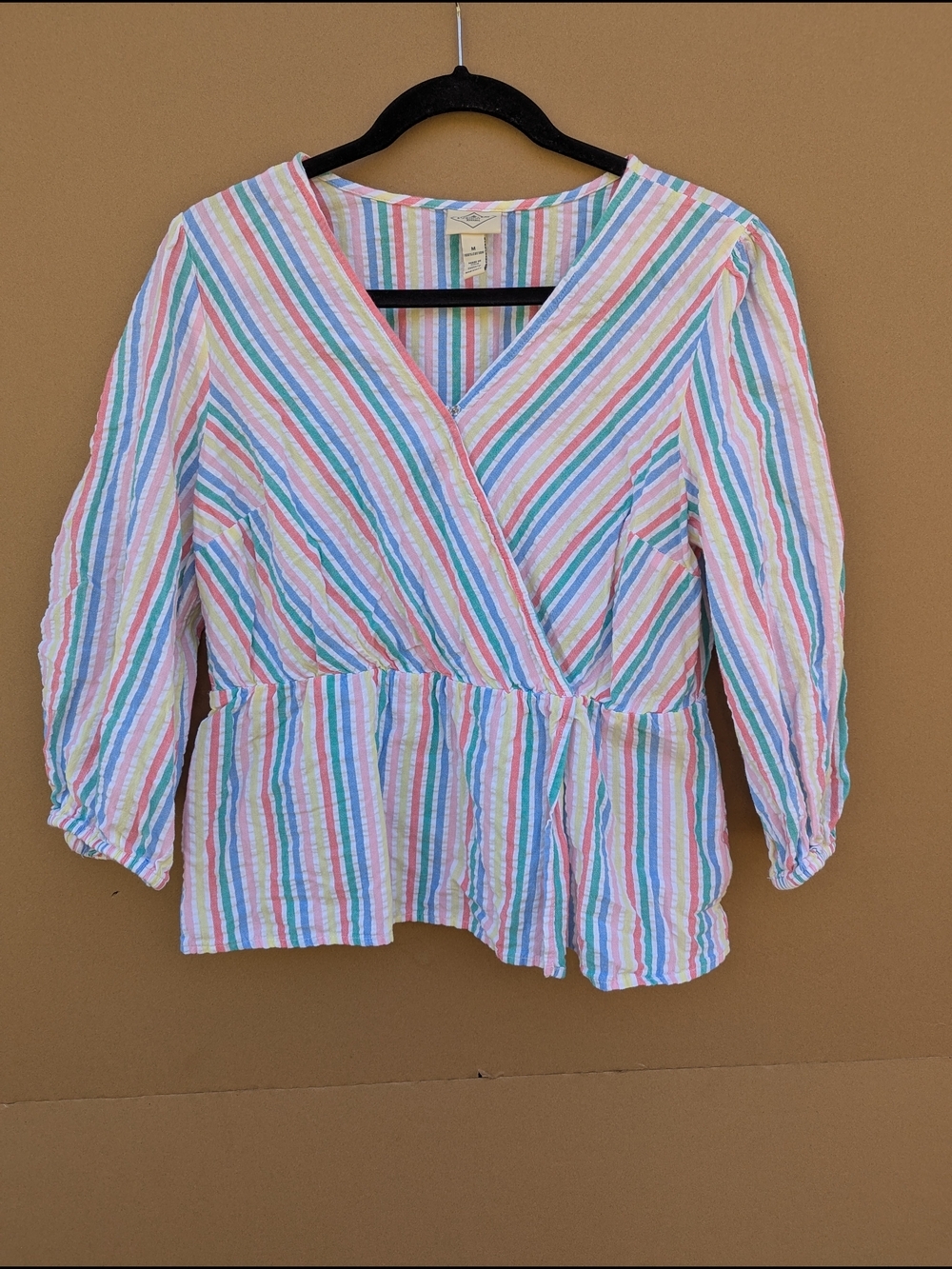 St Johns Bay Pastel Stripe Seersucker Blouse Peplum Boho Summer Coastal Medium